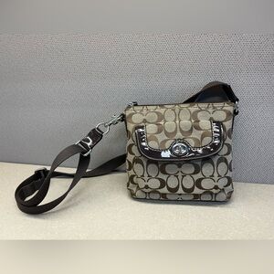 Coach Signature Jacquard Crossbody Bag Brown Turnlock Patent Trim